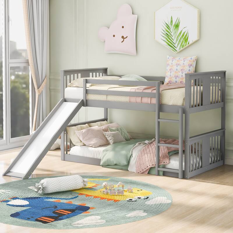 Gray Twin over Twin Solid Wood Bunk Bed with Slide & Ladder - Gray