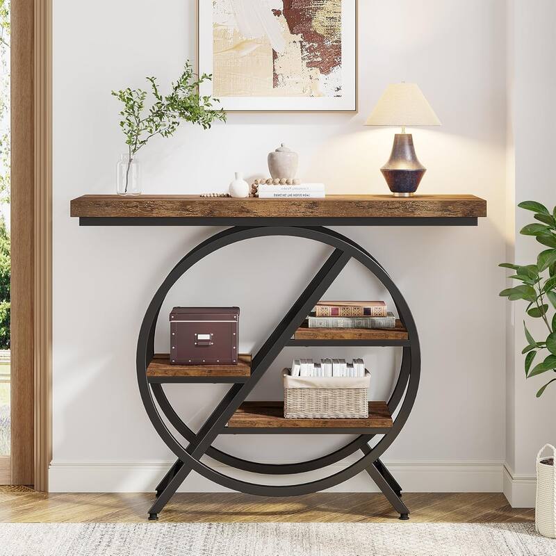 39.4" 4-Tier Entryway Console Table with Geometric Circle Metal Frame & Storage Shelves - Rustic Brown Accent Sofa Table