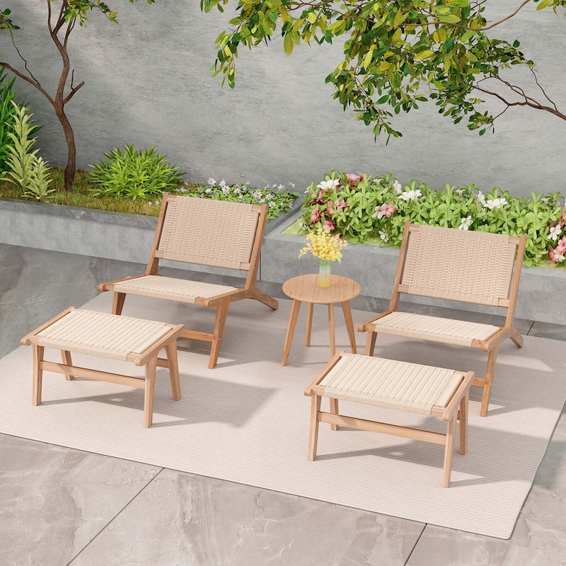 1/2 PCS Teak Wood Ottoman Footstool w/ Braided Rope for Room & Office