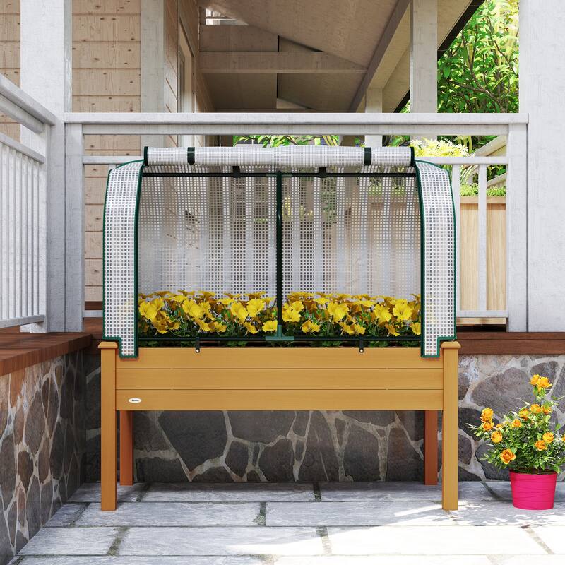 Outsunny Raised Garden Bed with PE Greenhouse Cover Outdoor Elevated Wood Planter Box for Herbs and Vegetables