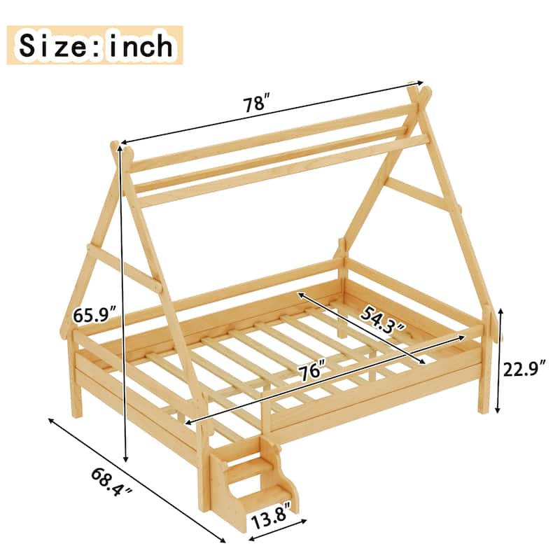 Roomfitters House Platform Bed with Stairs, Solid Wood Low Profile Frame with Roof Design for Playroom