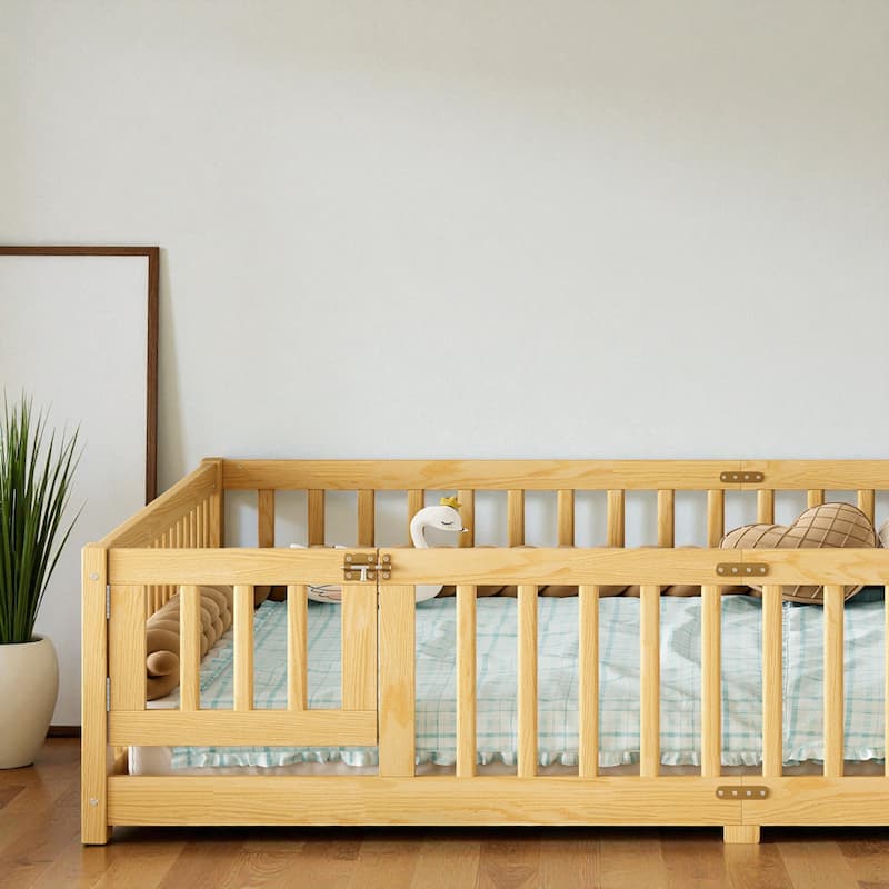 Twin/Full/Queen Size Wood Floor Bed with Door and Guardrails for Kids, Montessori Bed with Removable Slats