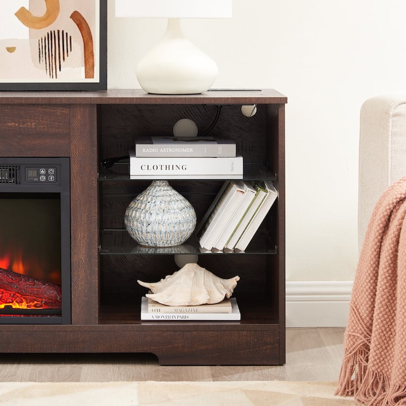 TV Stand Electric Fireplace Glass Shelves, 3D Fireplace TV Stand with LED Lights Wood with USB Charging Outlet