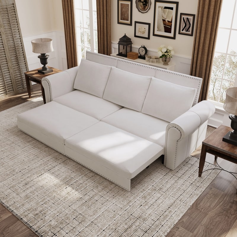 3-in-1 King Pull Out Sofa Bed Chesterfield Sofa, Velvet/Faux Leather Convertible Sleeper Sofa with Nailhead Trim & Rolled Arm