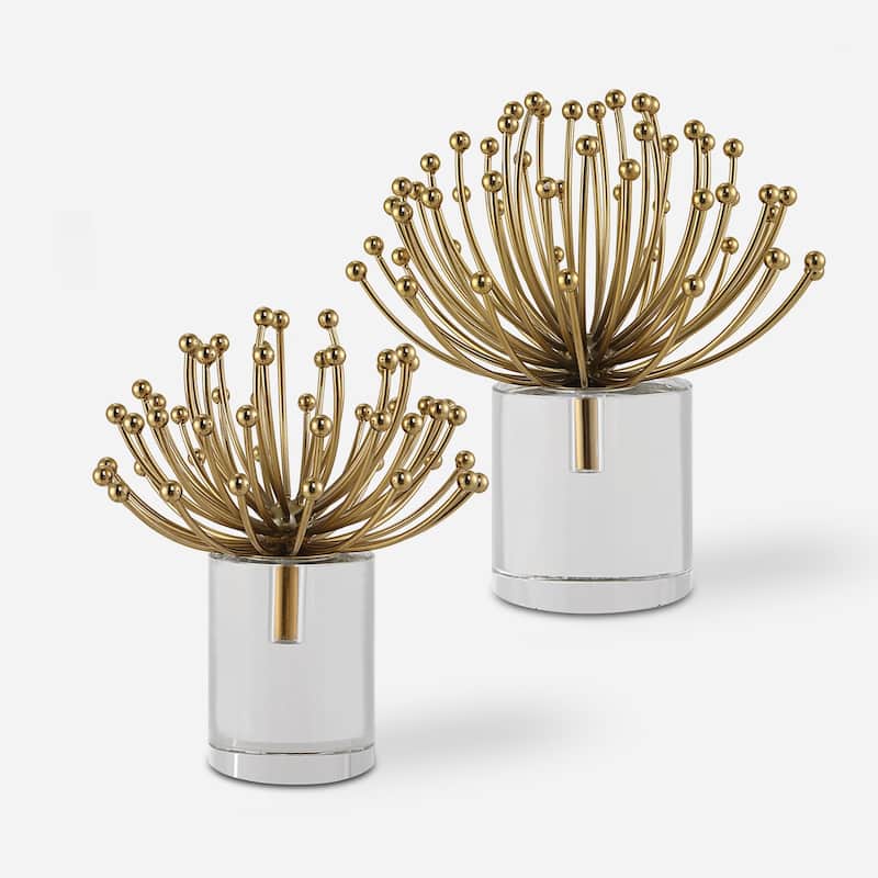 Floral Steel Sculptures - 10" - Gold and Clear - Set of 2