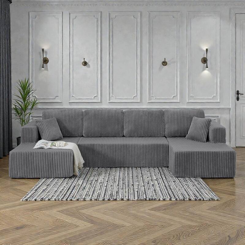 U Shaped Modular Sectional Sofa, Modern Minimalist Corduroy Compressed Couch, Sleeper Sofa for Living Room