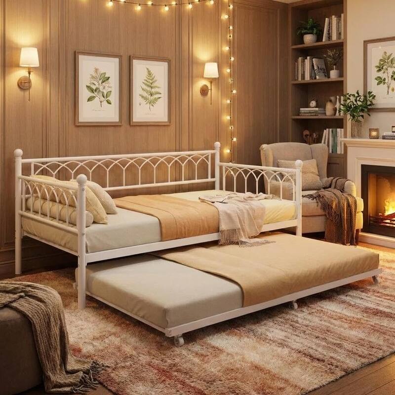 Heavy Duty Daybed, Twin Size Platform Sofa Bed Frame Set with Charging Station - White