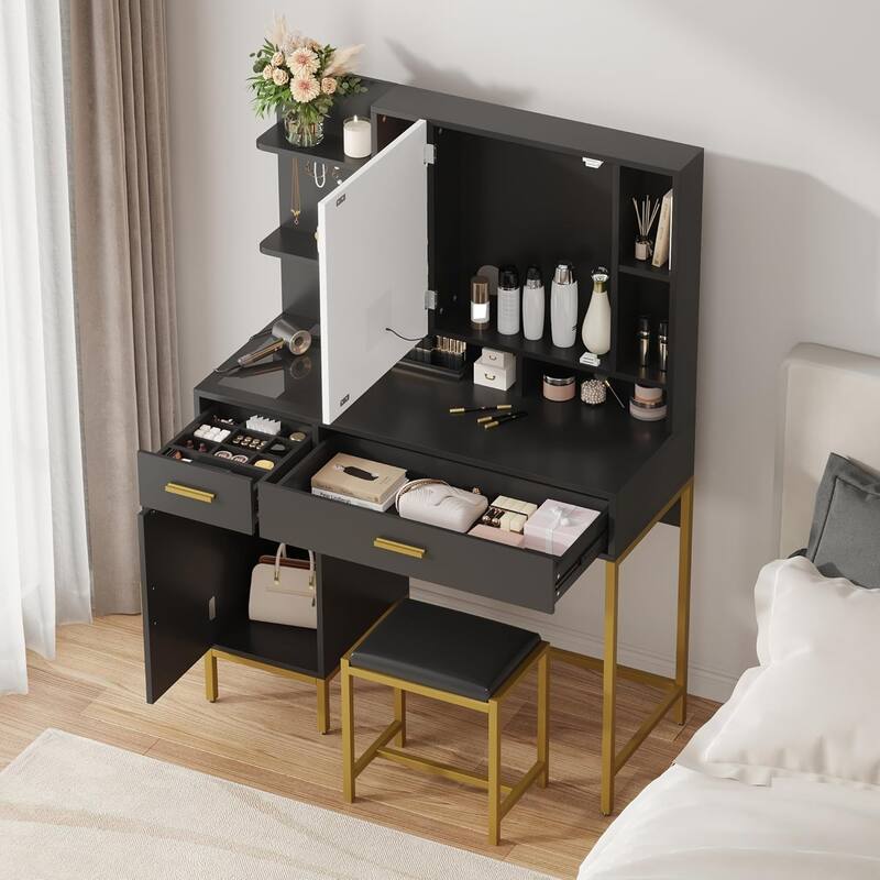 Makeup Vanity Table with Lighted Mirror, 3 Lighting Modes Adjustable with Soft Cushioned Stool, 2 Drawers