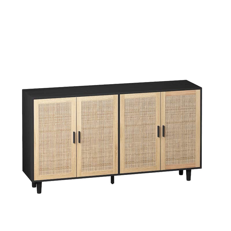 Storage Cabinet with 4 Rattan Accent Doors, Multi-Functional Buffet Cabinet, Entryway Table Cabinet with Adjustable Shelf