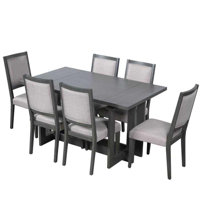 82" Rustic Extendable Dining Table Set: 7-Piece Trestle Table with 6 Upholstered Chairs & 2 Removable Leaves