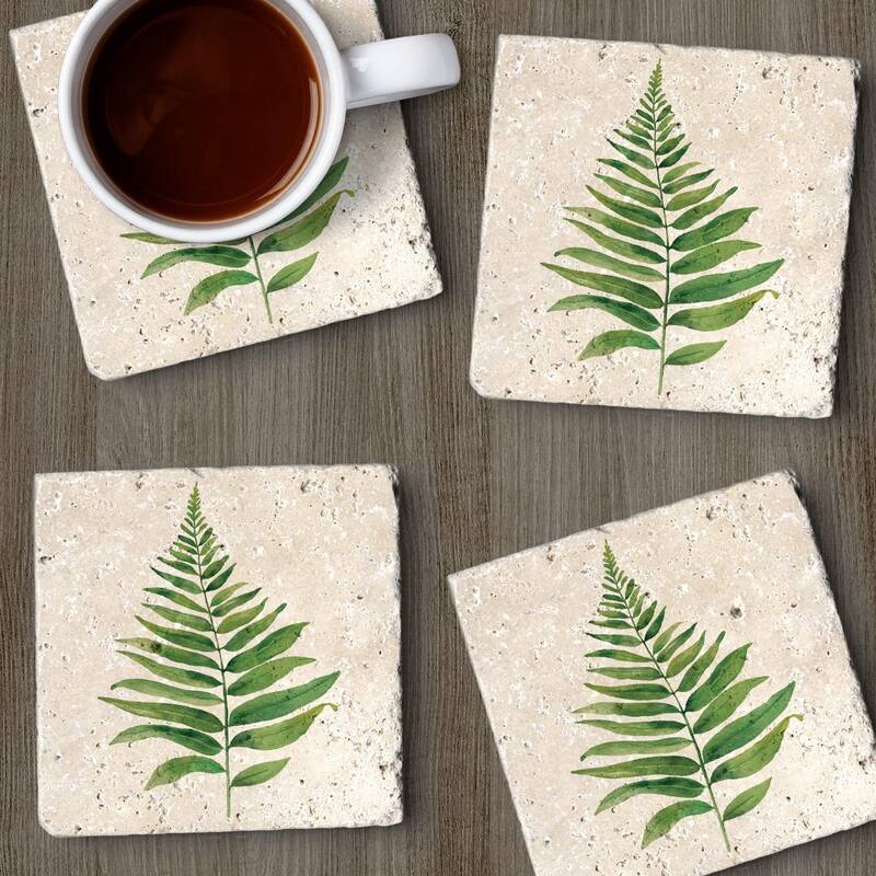 Fern Study 4 Pack Natural Travertine Absorbent Stone Coasters with Protective Cork Backing Manufactured in The USA