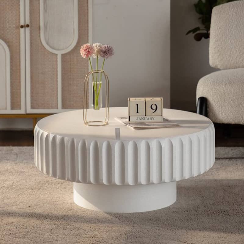 Round Fluted Storage Table with Lift-Off Lid, Sleek Texture, Perfect for Modern Living - Cream White