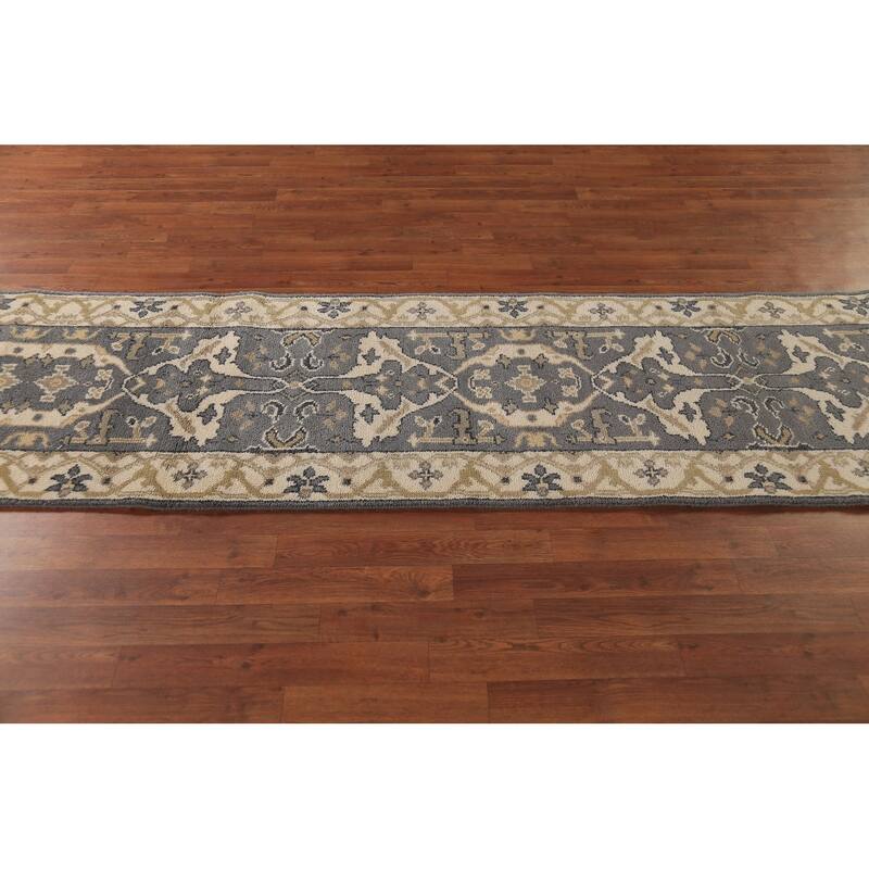 Transitional Gray Oushak Indian Runner Rug Hand-Knotted Wool Carpet - 2'6" x 9'10"