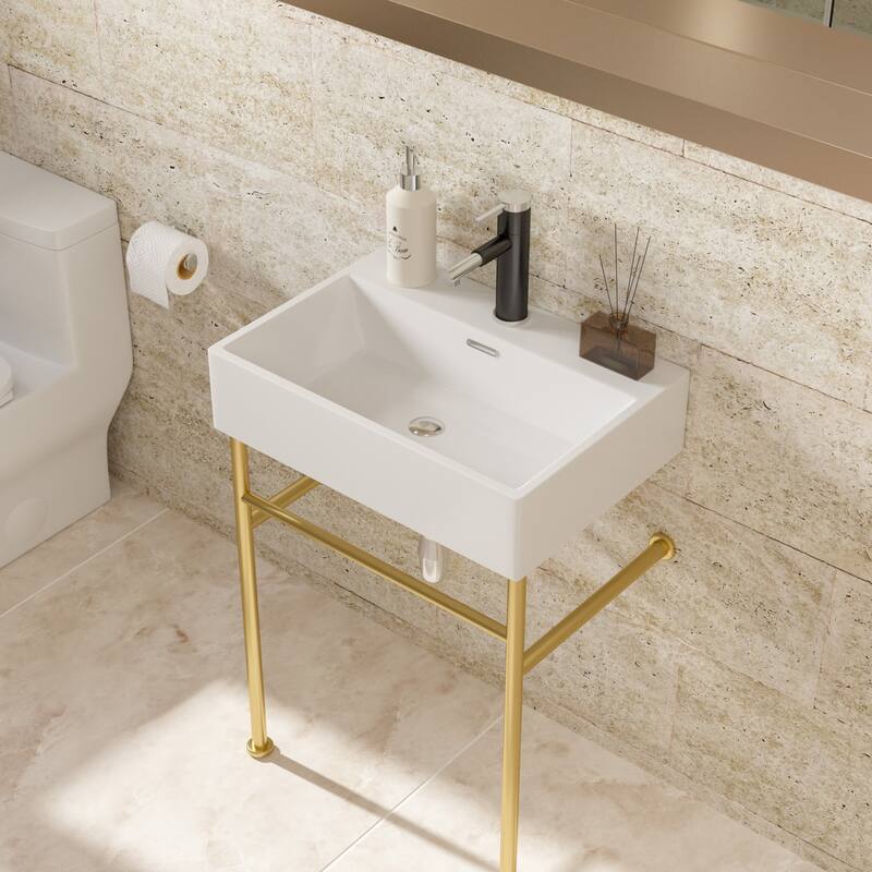 24" White Console Sink with 304 Stainless Steel Support Legs, Porcelain Bathroom Sink with Overflow Drain, Easy Installation - White