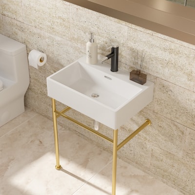 24" White Console Sink with 304 Stainless Steel Support Legs, Porcelain Bathroom Sink with Overflow Drain, Easy Installation