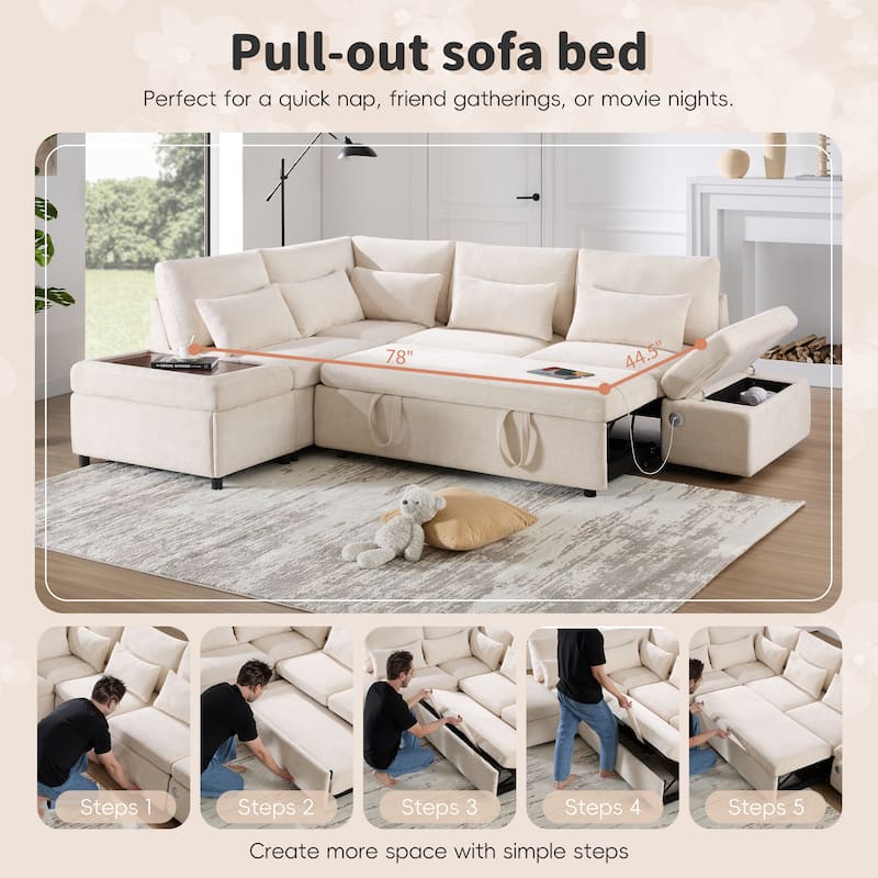 Premium Modular Sectional Pull-Out Sofa Bed with Adjustable Armrests, Movable Storage Ottoman, USB & Type-C Ports