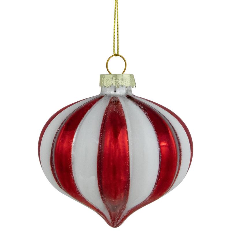 4Ct Red White Glittered Candy Cane Onion Glass Christmas Ornaments 3"