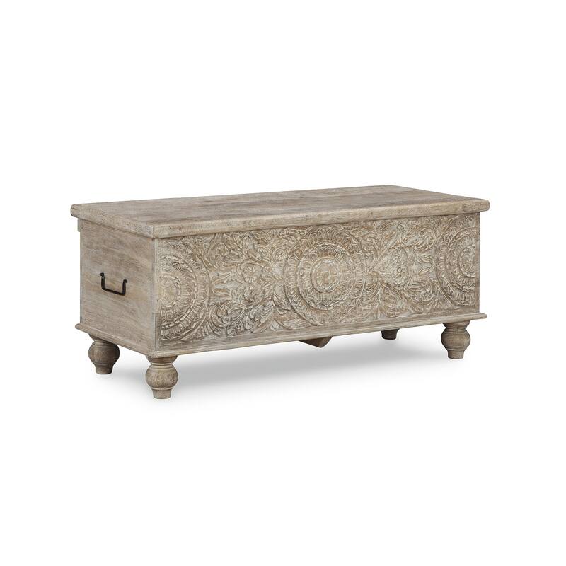 Fossil Ridge Antique White Carved Medallion Storage Bench