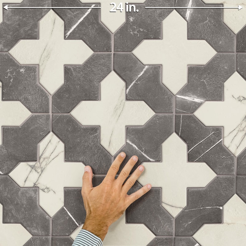 Merola Tile Istanbul Squire Shield Night with Day Cross 6" x 8-3/8" Porcelain Floor and Wall Tile - Case (48 Tiles)