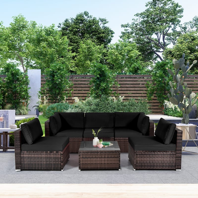 6 Pieces Patio Rattan Furniture Set with Cushions and Glass Coffee Table - Black
