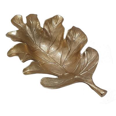 19 Inch Decorative Plate Tray, Oak Leaf Design, Gold Finished Aluminum