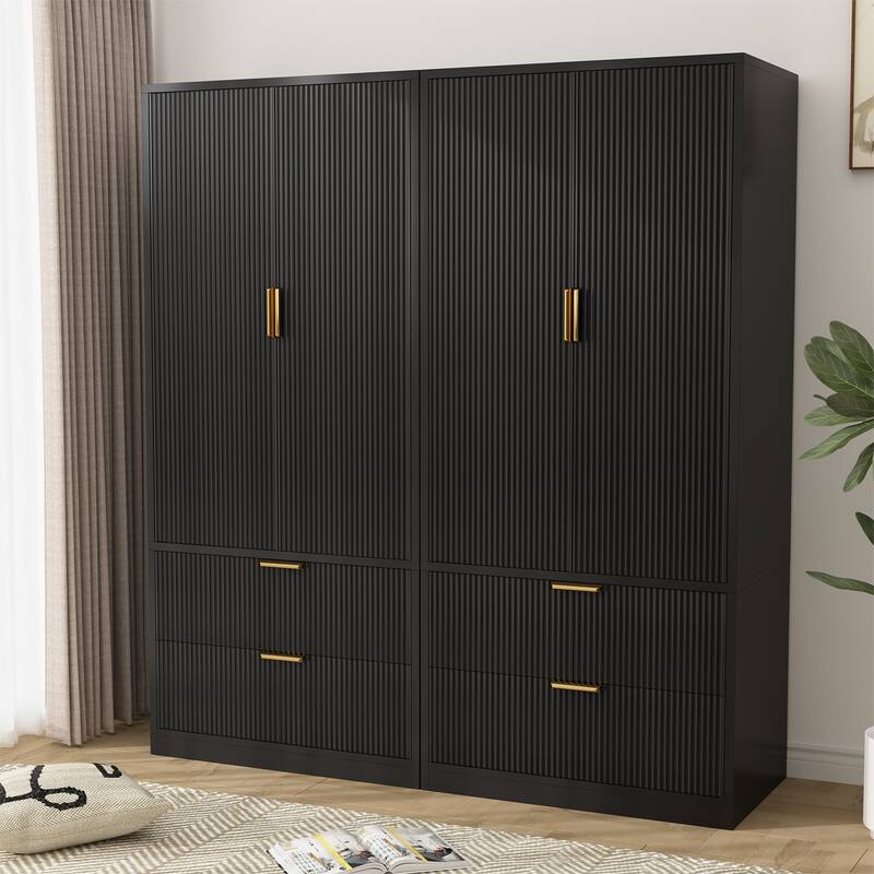Gymojoy 2 Door Armoire Wardrobe Closet with Drawers, Modern Fluted Bedroom Storage Cabinet