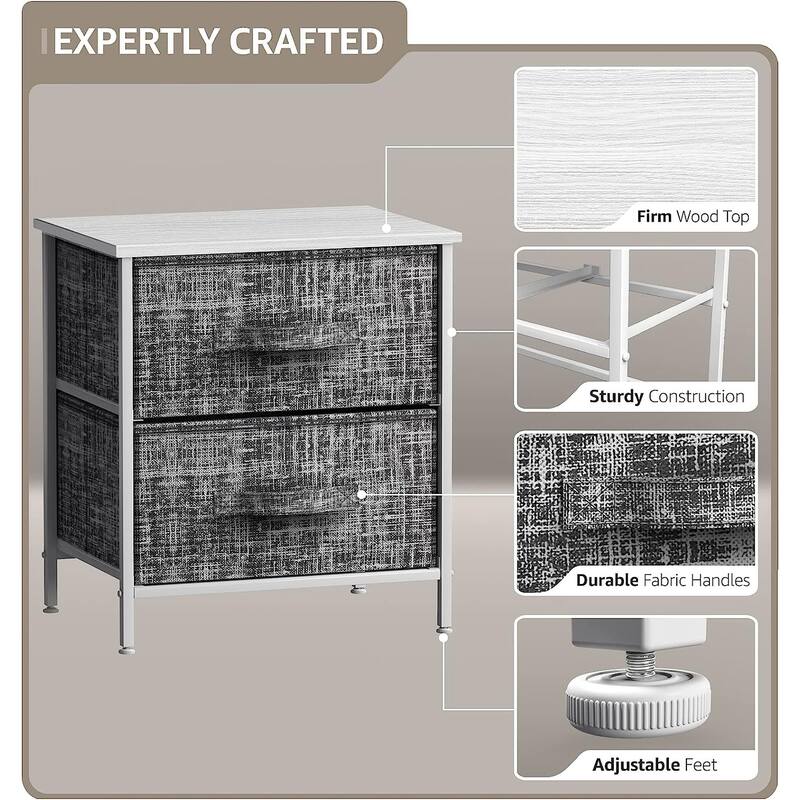 2 Drawer Nightstand Dresser Organizer Steel Frame Wood Top Fabric Bins
