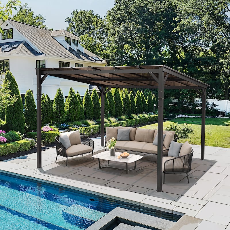 Outdoor Rectangle Wall Mounted Gazebo with Metal Frame Lean to Pergola Sunroom with Sloping Soft-Roof - 140.4 in. W X 108 in. D X 102 in. H