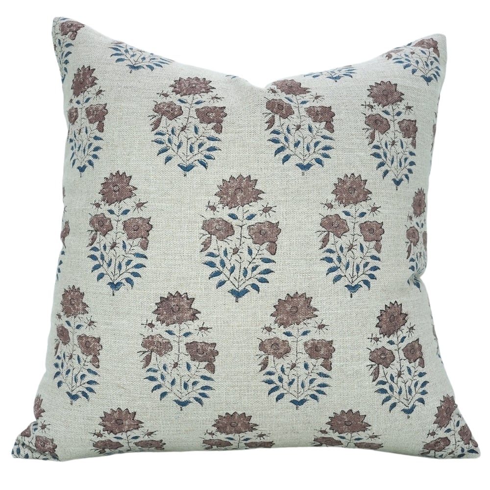 Fabdivine Heavy Linen Farmhouse Cushion Cover for Bed, Sofa or Dining Chair, Purple Pillowcase Hand Block Floral Print, Mayra