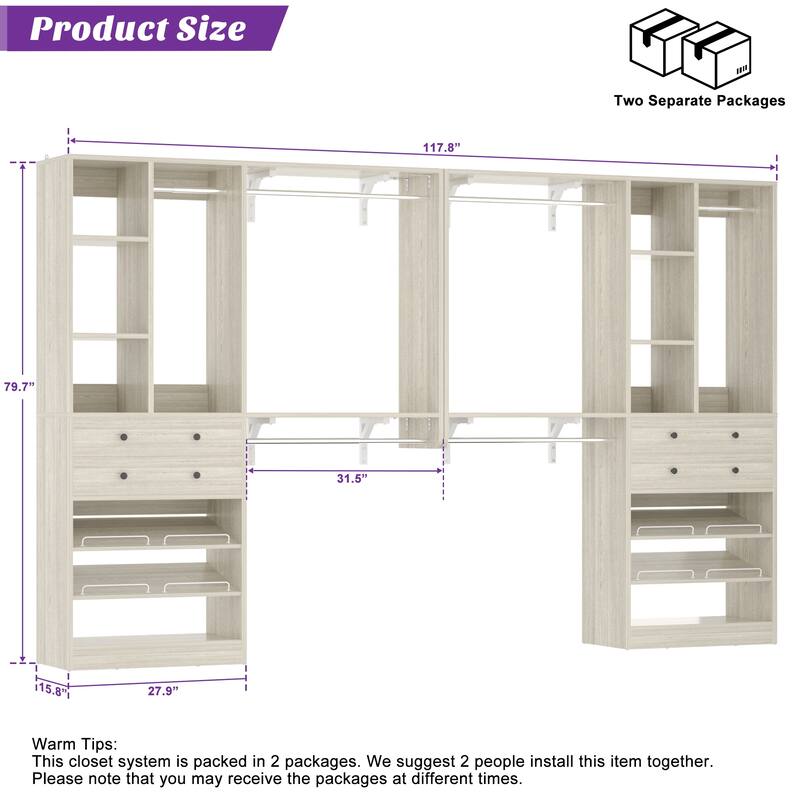 56'' - 120'' Set of 2 Closet System with Shoe Rack, Closet Organizer with Drawers and Hanging Rods
