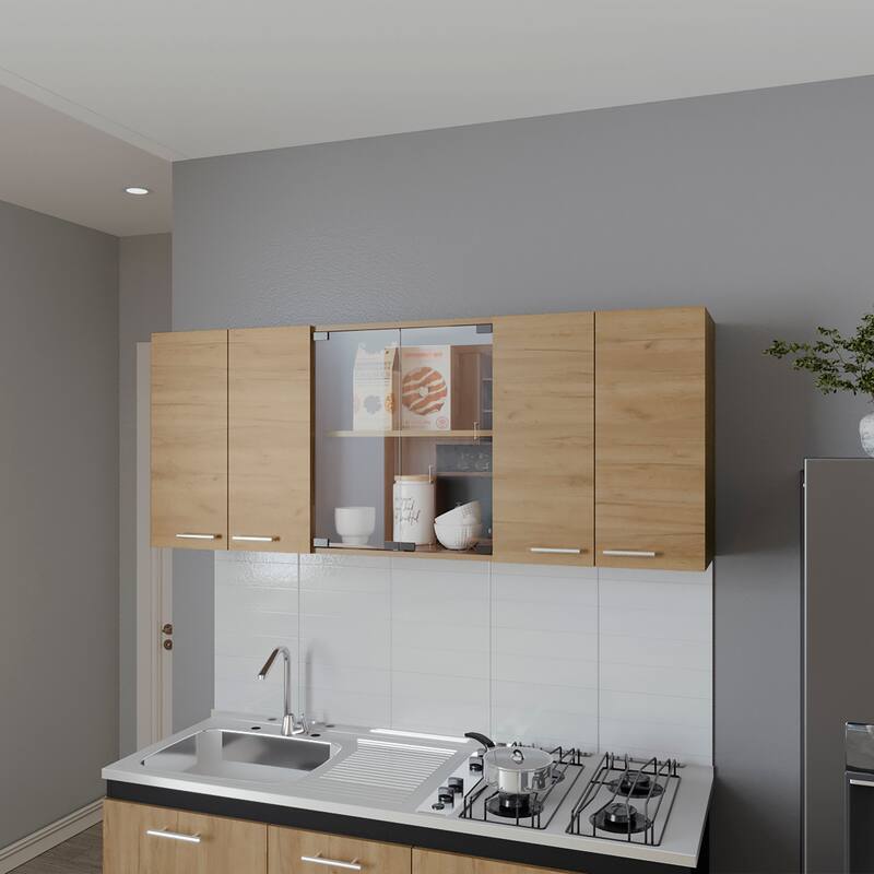 Lydia Wall Cabinet kitchen in Melamine wit 4 Doors and Glass Storage, Natural Oak