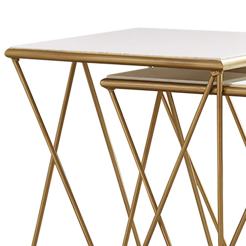 2 Piece Marble Top Nesting Table with Geometric Base, White and Gold