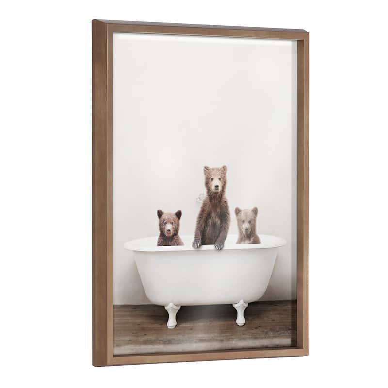 Kate and Laurel Blake Bears in Bathtub Printed Glass by Amy Peterson - 18x24 - Plastic - Gold