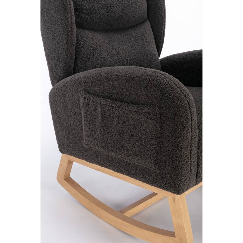 Glider Rocking Chair with Wing Back, Teddy Leisure Chair with Wood Legs, Upholstered Rocker Chair with Side Pocket