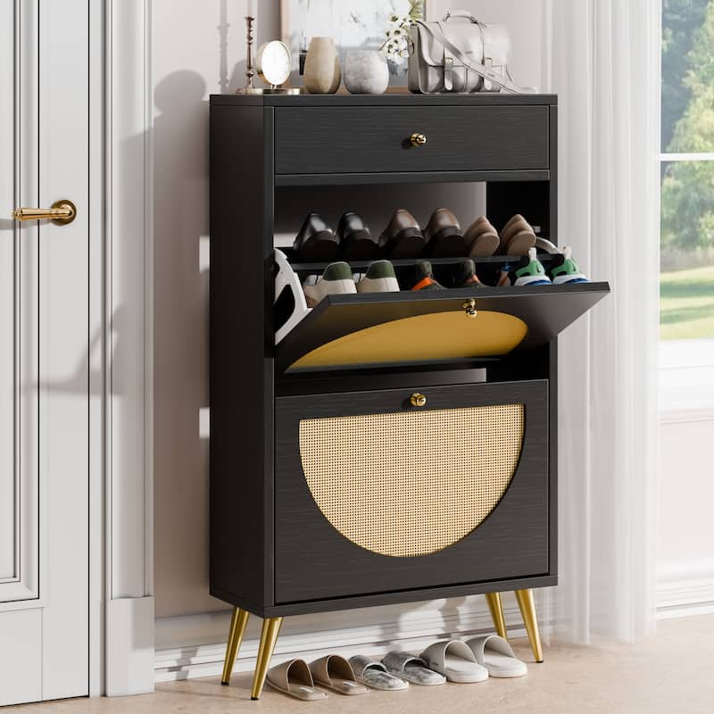 Futzca Shoe Cabinet Rattan, Shoe Storage Cabinet with 2 Flip Drawers
