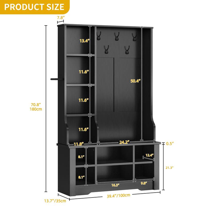 Moasis Farmhouse Hall Tree with Bench and Shoe Storage with 10 Hooks for Entryway