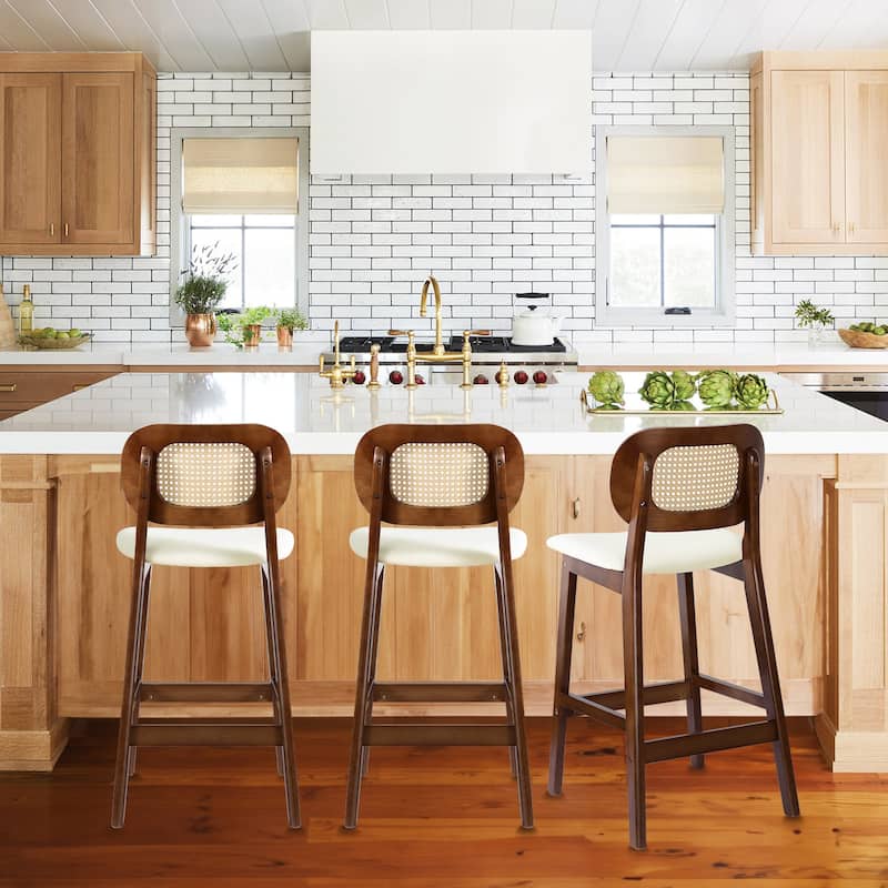 Wood Upholstered Counter Height Bar Stools with Rattan Back - 36.81"H x 17.72"W x 18.7"D