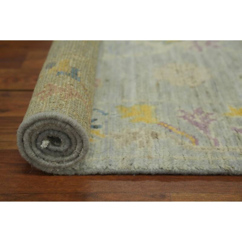 Vegetable Dye Gray Oushak Turkish Runner Rug, Floral Geometric Carpet - 11' 5'' X 3' 1''