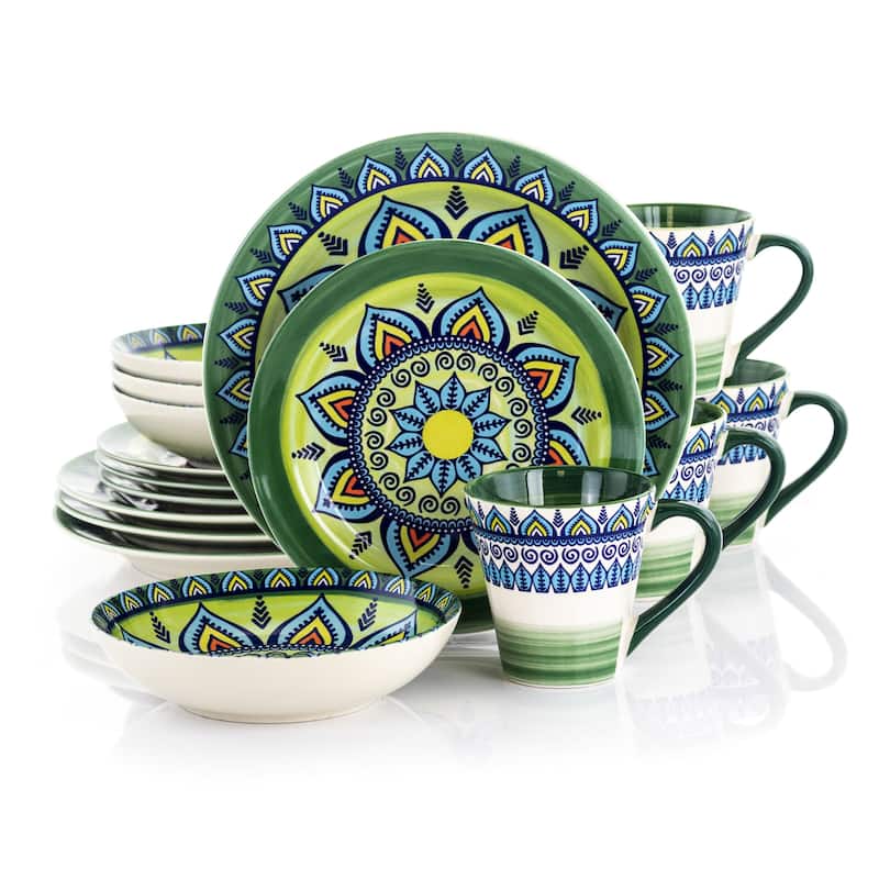 Intricate Floral Pattern Round Stoneware Dinnerware Set in Moss 16 Pieces - Green - 16 Piece
