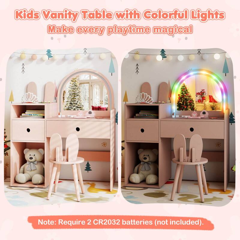 Costway Princess Bunny Makeup Table with Lighted Mirror, Open Shelves - See Details