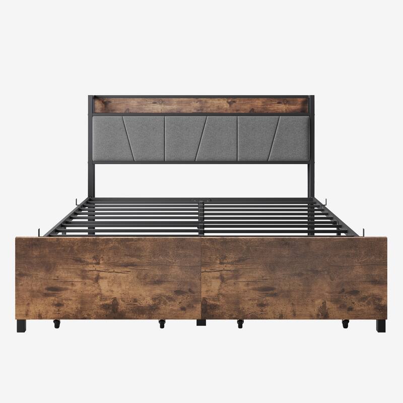 Metal & Wood & Upholstered Platform Bed Frame - Brown - Queen