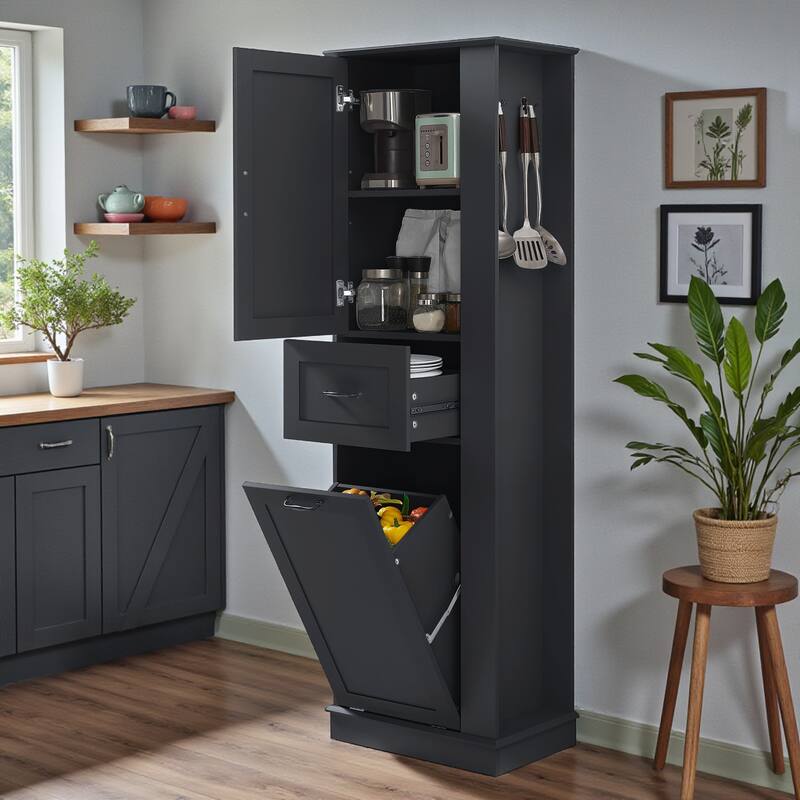 Modern Tall Bathroom Storage Cabinet with Tilt Out Laundry Compartment, Adjustable Shelves, Soft Close Doors