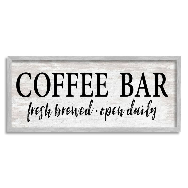Stupell Coffee Bar Open Sign Rustic Grain Pattern Framed Wall Art, Design by Lettered and Lined - Off-White - 24 x 10 - Grey