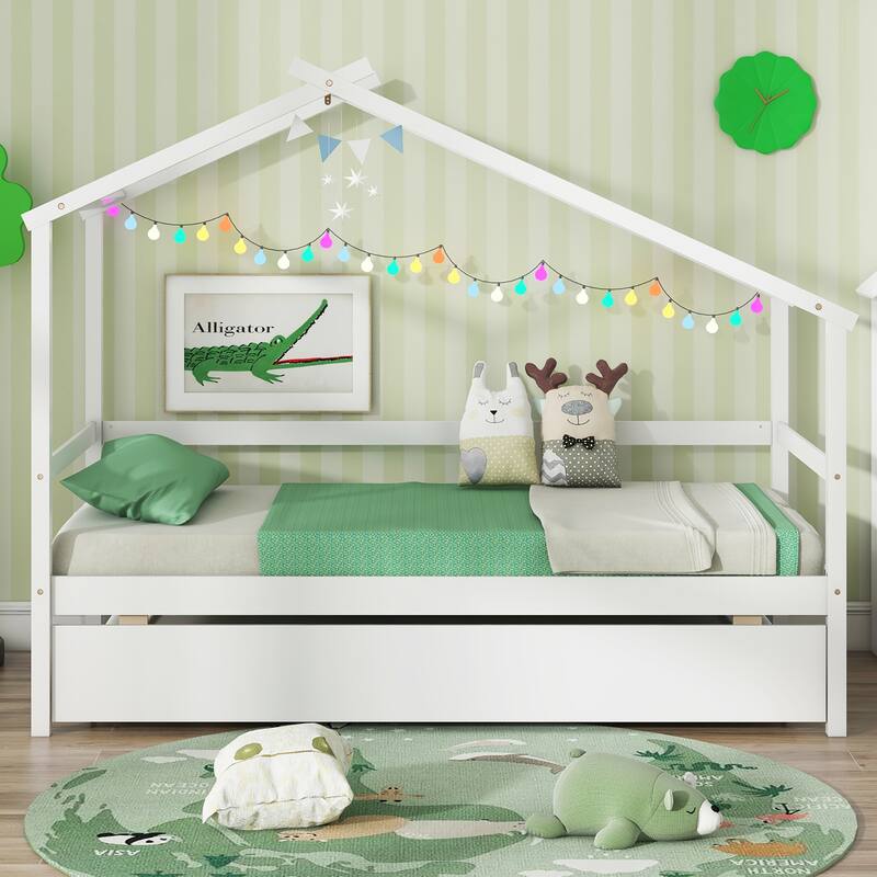Gymax Twin House Bed w/ Trundle w/ Roof & Fence Rails Wooden Platform