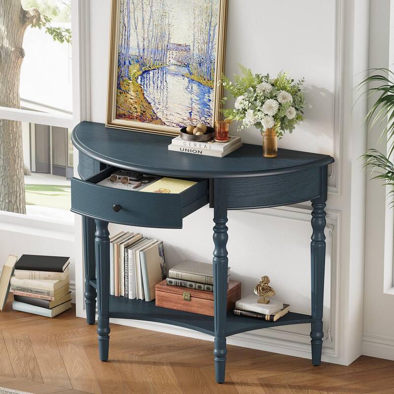 Farmhouse Half Moon Console Table with Drawer & Shelf - Rustic Accent Table - Navy