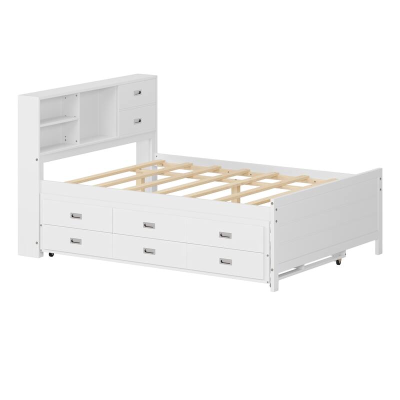 Full/Twin Size Captain Bed with Storage Bookcase Headboard,Captain bed with Trundle and Three Storage Drawer