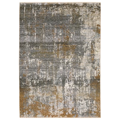 Style Haven Hendrix Distressed Etchings Abstract Grey/ Gold Fringe Edge Area Rug