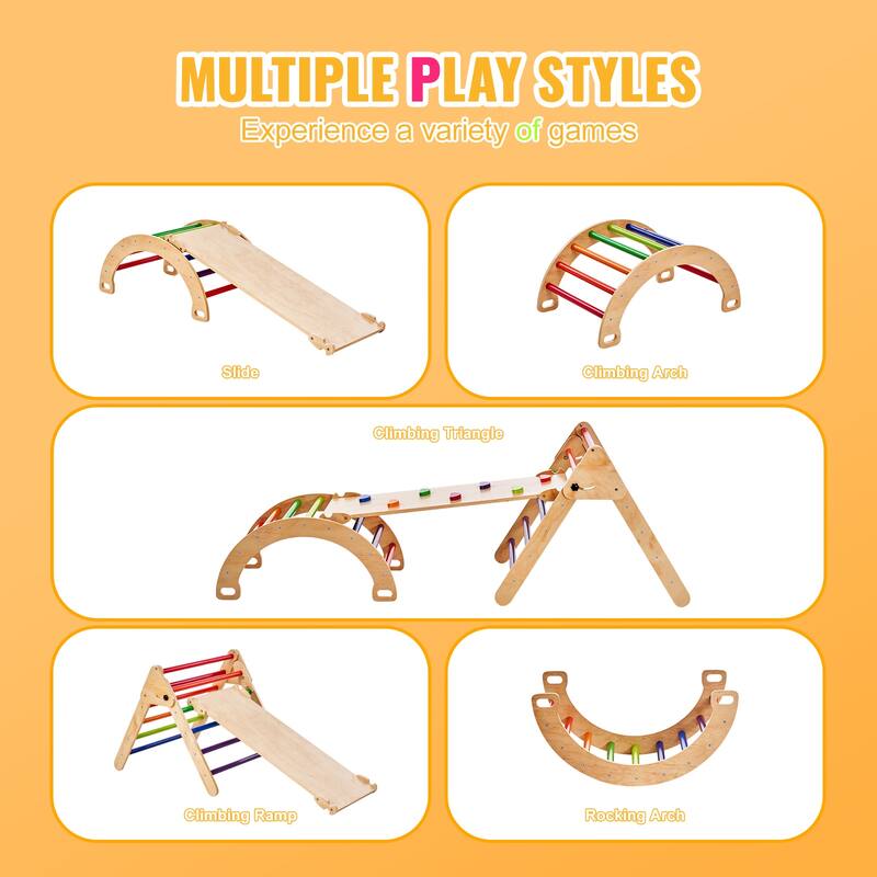 Pikler Triangle Set, Toddler Climbing Toys Indoor Playground, Ramp, and Arch, Montessori Climbing Set with Triangle