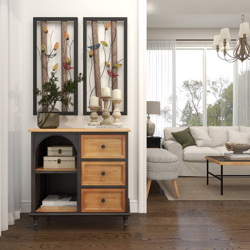 Black Metal Bird Wall Decor with Tree Branches and Colorful Leaves