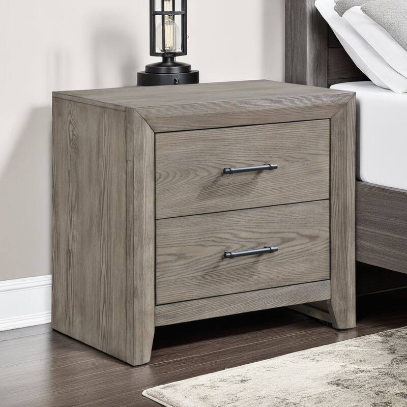 Laso Nightstand, 2 Drawers w Metal Handles, 28 Inch, Gray Acacia Wood
